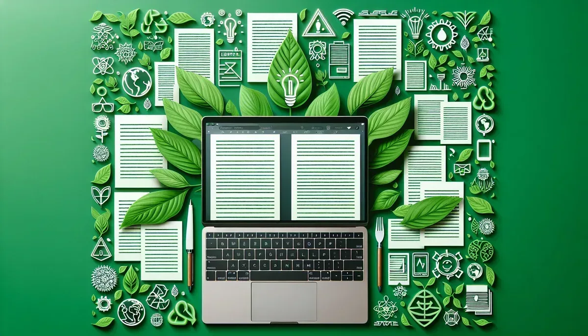 An image showing a laptop displaying a WordPress dashboard with AI-generated article drafts on screen, surrounded by green leaves and eco-friendly icons symbolising sustainability and technology harmony.