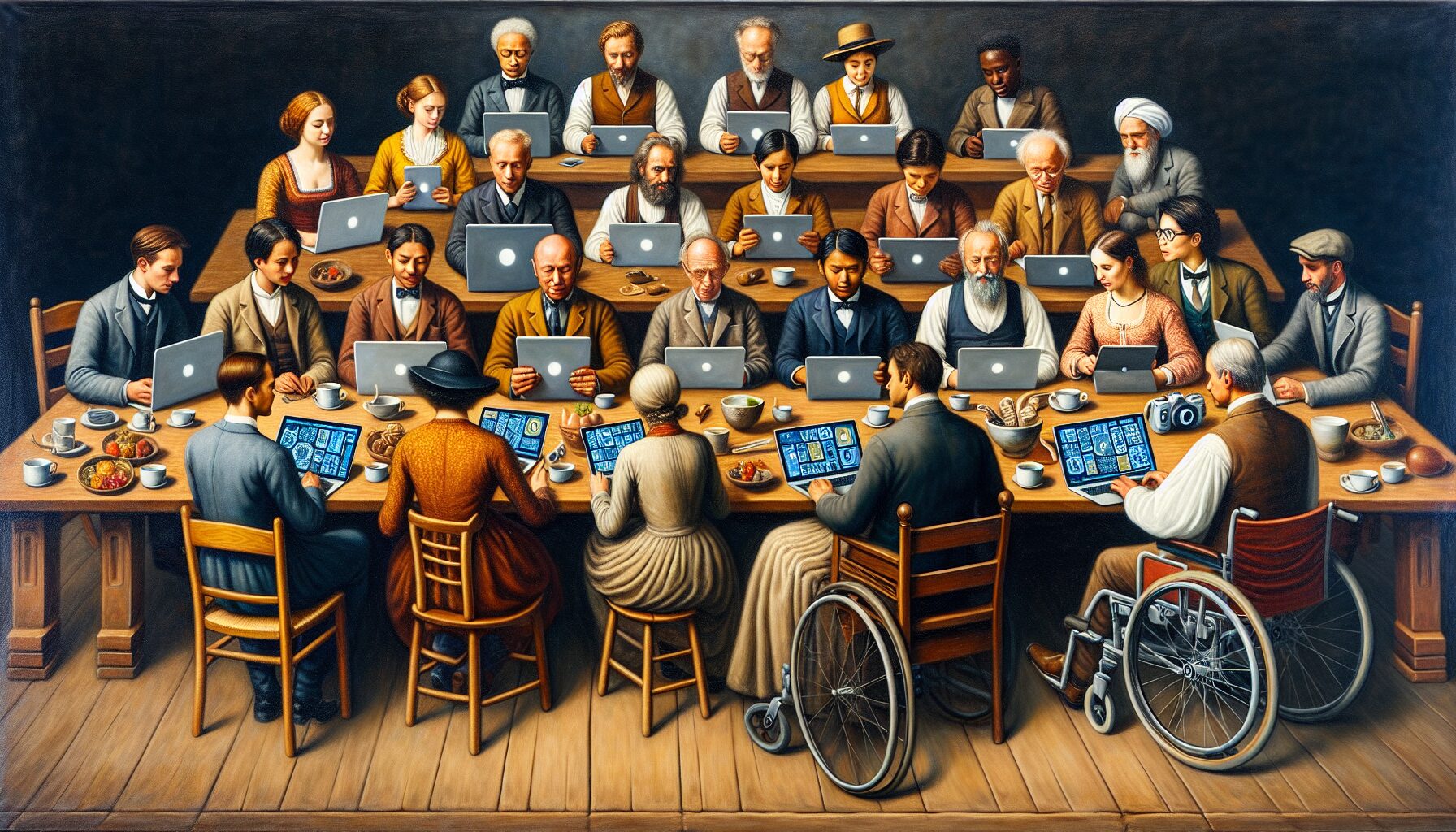 A diverse group of people sitting around a table with laptops and tablets, collaboratively creating blog content using AI tools. The scene highlights inclusivity with visible indicators of different cultural backgrounds and abilities.