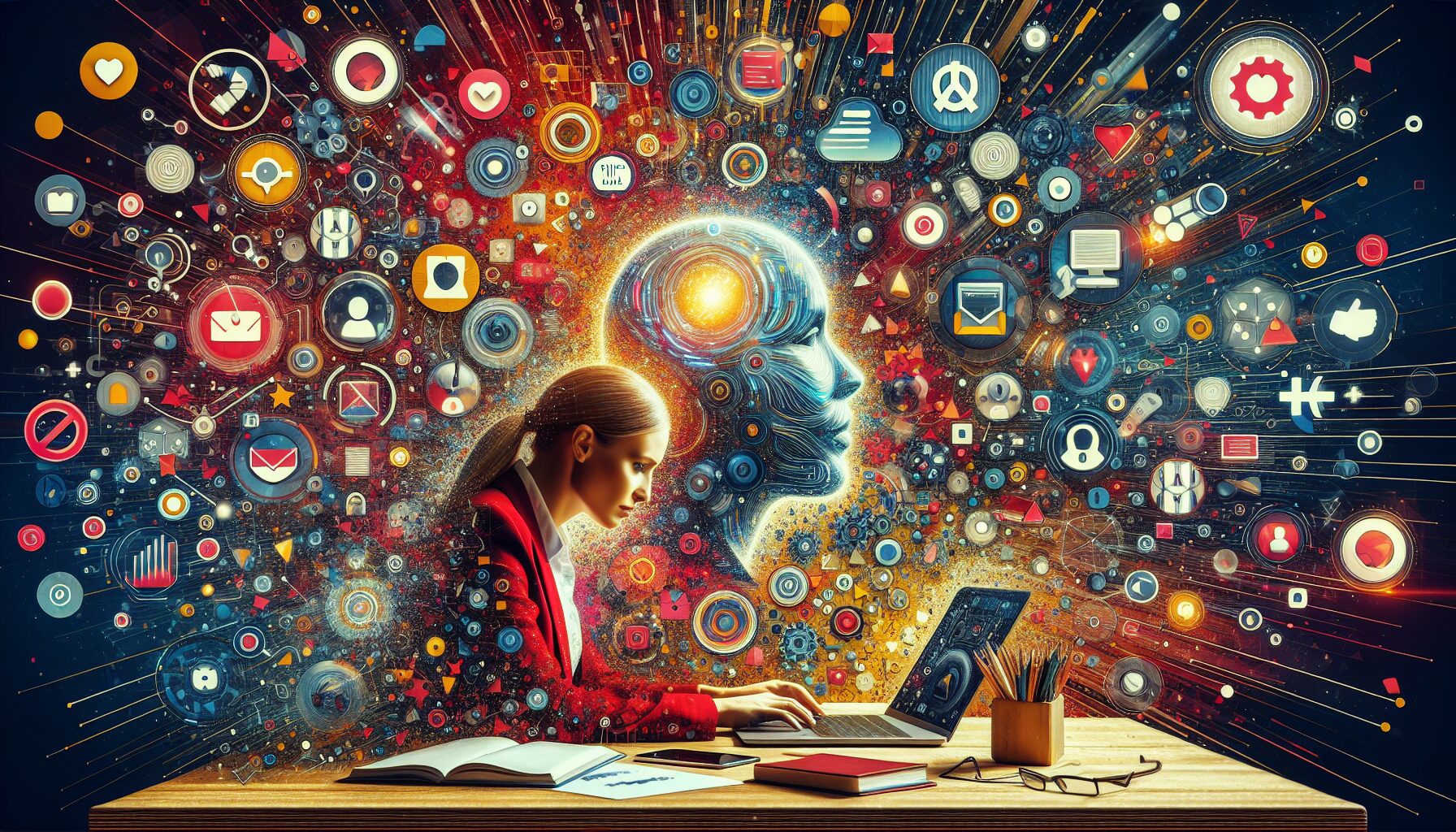 A vibrant workspace showing a person working on a laptop surrounded by digital icons representing AI technology and Google AdSense ads, symbolising the fusion of AI-driven content creation and online monetisation.