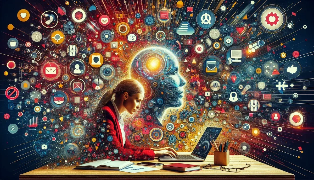 A vibrant workspace showing a person working on a laptop surrounded by digital icons representing AI technology and Google AdSense ads, symbolising the fusion of AI-driven content creation and online monetisation.