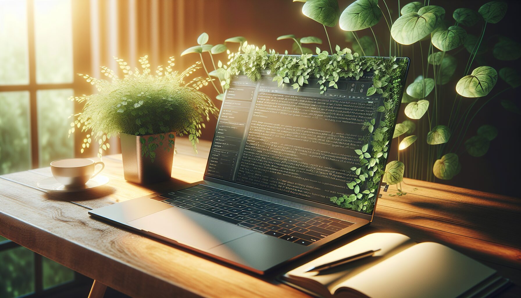 A sleek laptop screen displaying a WordPress dashboard with an AI-generated blog post draft open, surrounded by green plants symbolising eco-friendliness. In the background, soft sunlight filters through a window, highlighting a modern workspace that merges technology with nature.