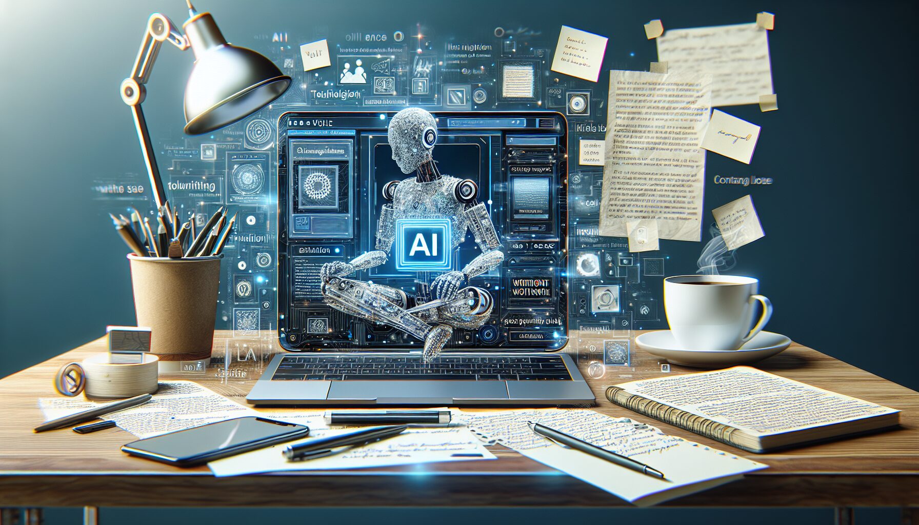 A modern workspace featuring a laptop displaying an AI content writing interface, surrounded by notes and coffee cups, symbolising the blend of technology and human creativity in everyday writing tasks.