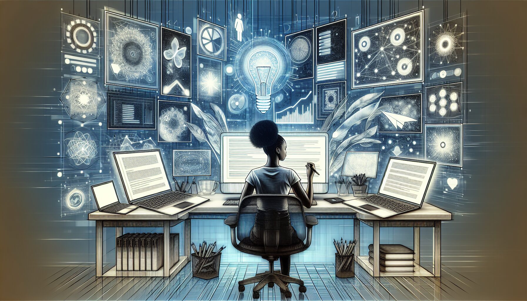 A modern workspace showing a content creator using a laptop with multiple screens displaying AI-powered writing tools and analytics dashboards, surrounded by icons representing policy documents and digital innovation.