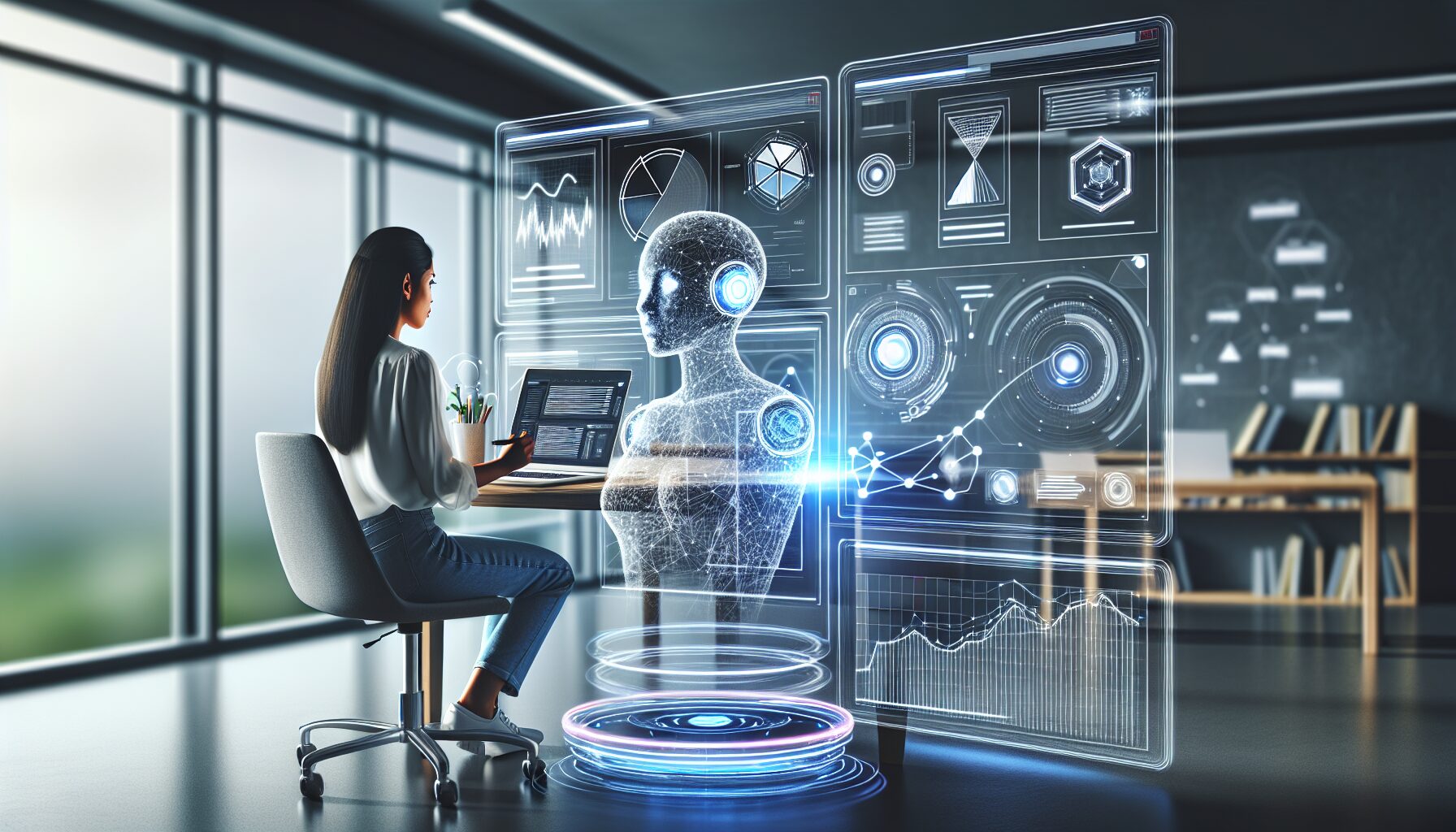 A futuristic workspace showing a digital interface where an AI system analyses website performance metrics while a human writer collaborates nearby, illustrating the synergy between AI technology and human creativity in SEO content creation.