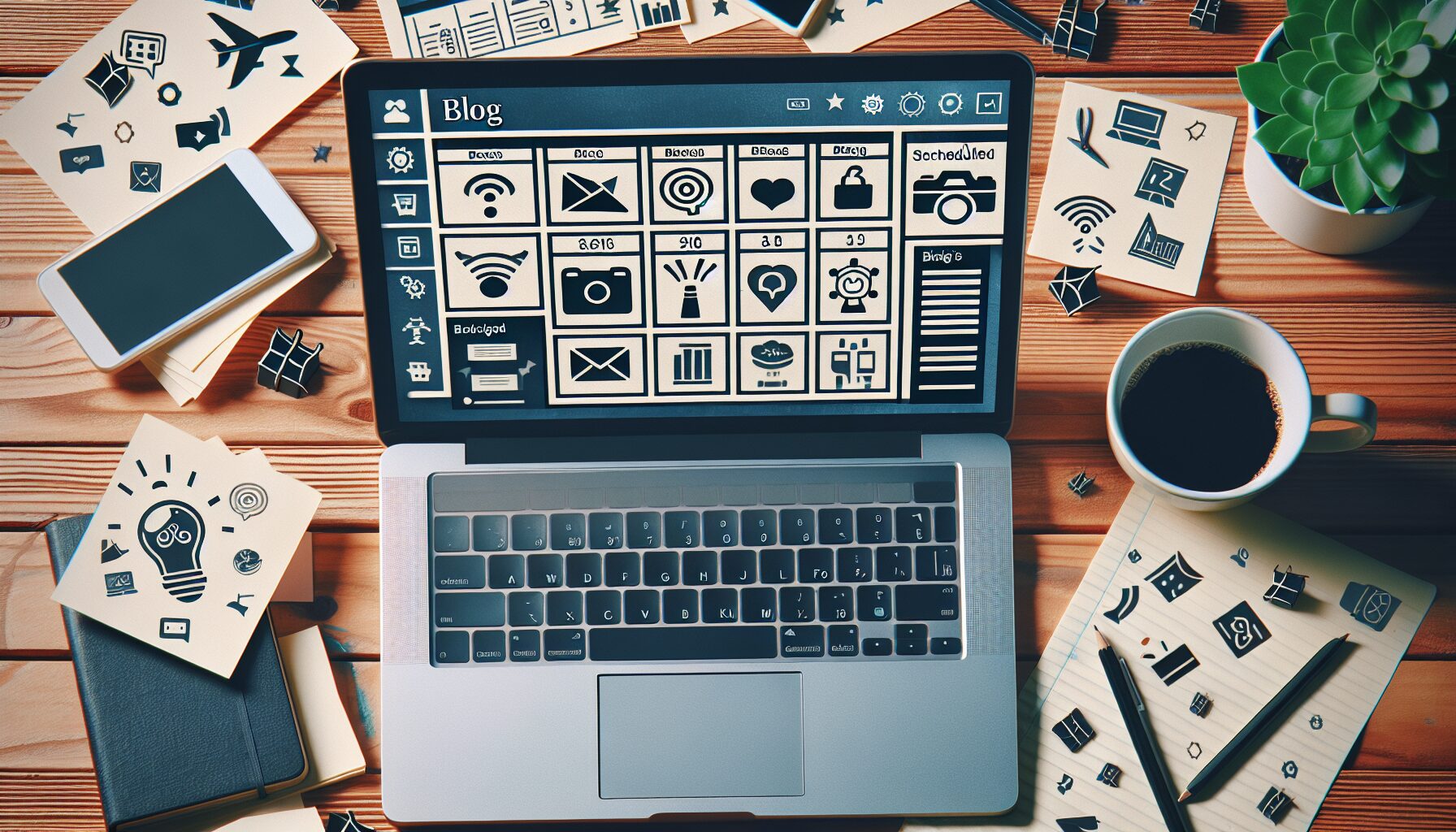 A visually appealing workspace showing a laptop screen displaying a blog dashboard with scheduled posts, surrounded by notes and coffee, symbolising effortless productivity through automated blogging.
