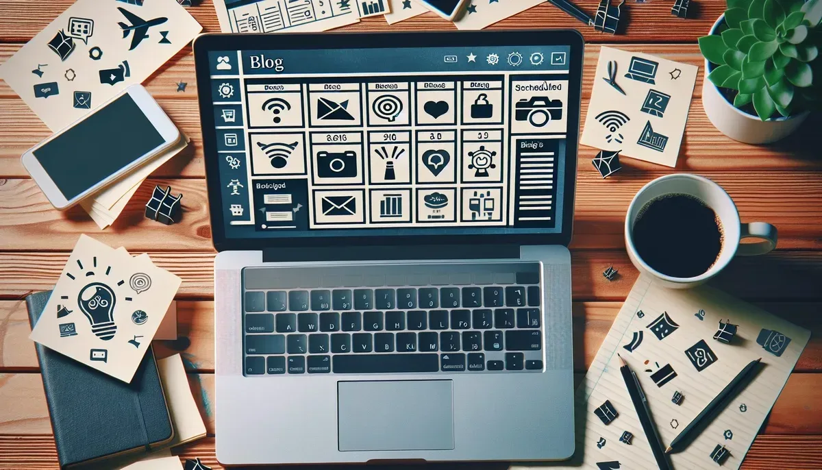A visually appealing workspace showing a laptop screen displaying a blog dashboard with scheduled posts, surrounded by notes and coffee, symbolising effortless productivity through automated blogging.