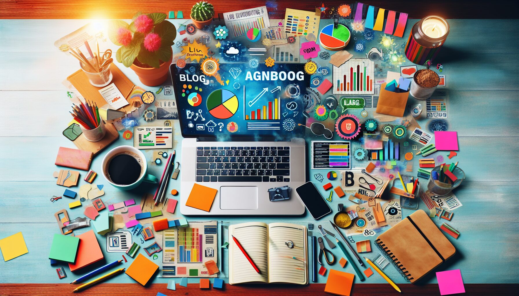 A vibrant workspace showing a blogger’s desk with a laptop displaying a growing blog dashboard, surrounded by notebooks, coffee cup, and colourful post-it notes indicating planning and strategy for blog growth.