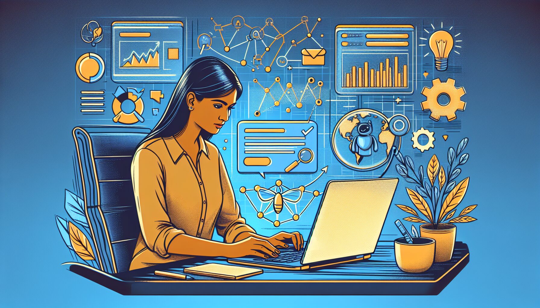 A modern workspace showing a person updating a website on a laptop surrounded by digital icons representing AI tools, analytics graphs on a screen in the background, symbolising the blend of technology and creativity in maintaining fresh website content.