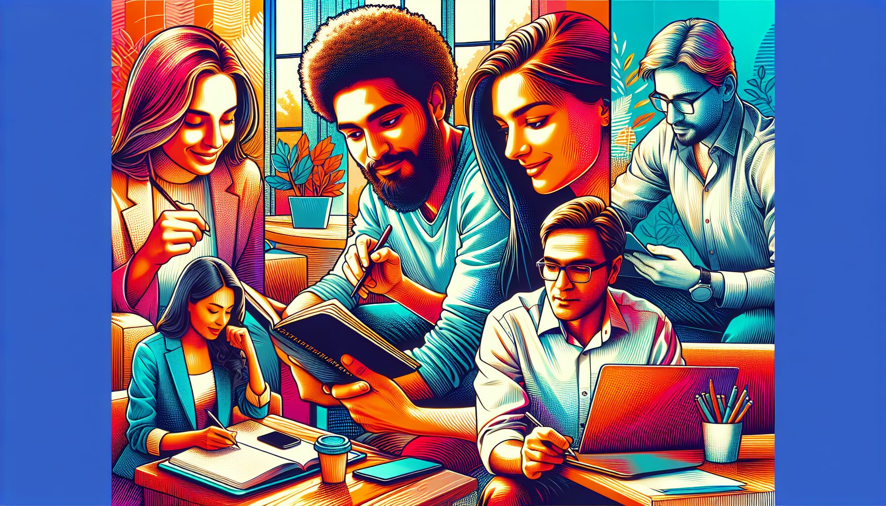 A vibrant image showing a diverse group of people collaborating around laptops and notebooks in a cosy office setting, illustrating the human collaboration behind creating engaging blog content for SEO.