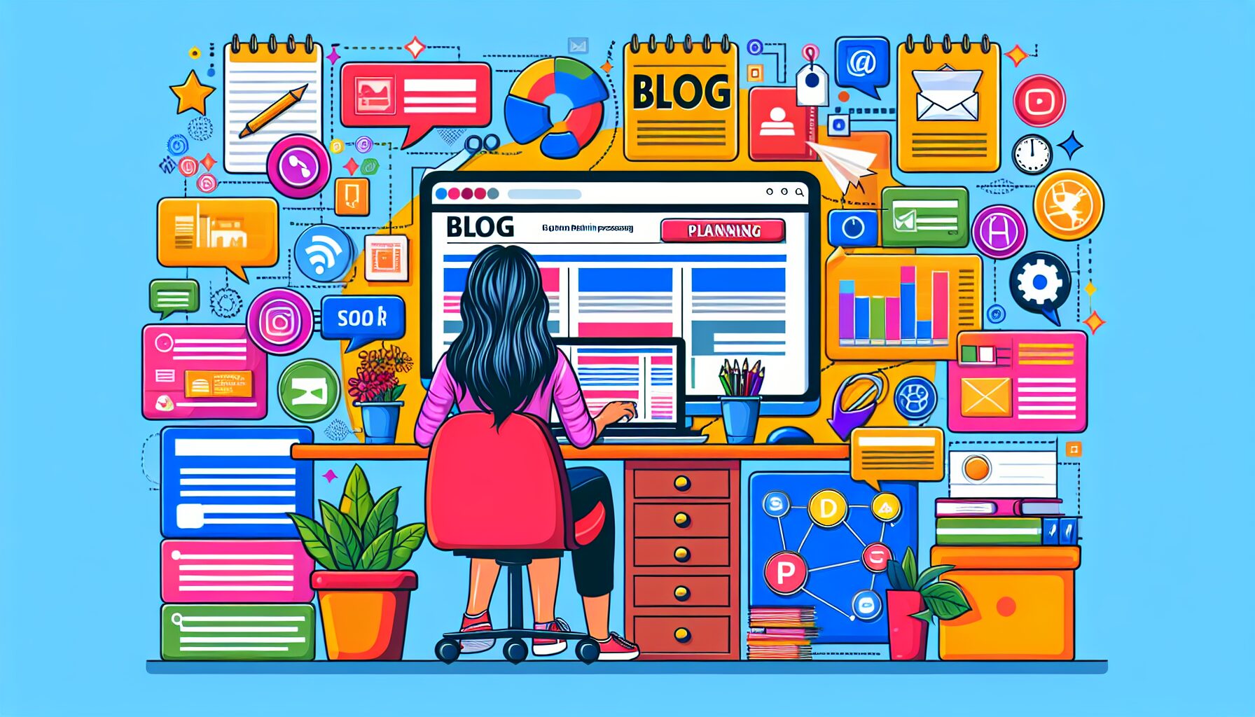 A vibrant workspace showing a digital marketer working on a laptop with the HubSpot blogging dashboard open, surrounded by notes and graphics illustrating content planning, SEO keywords, and social media icons.