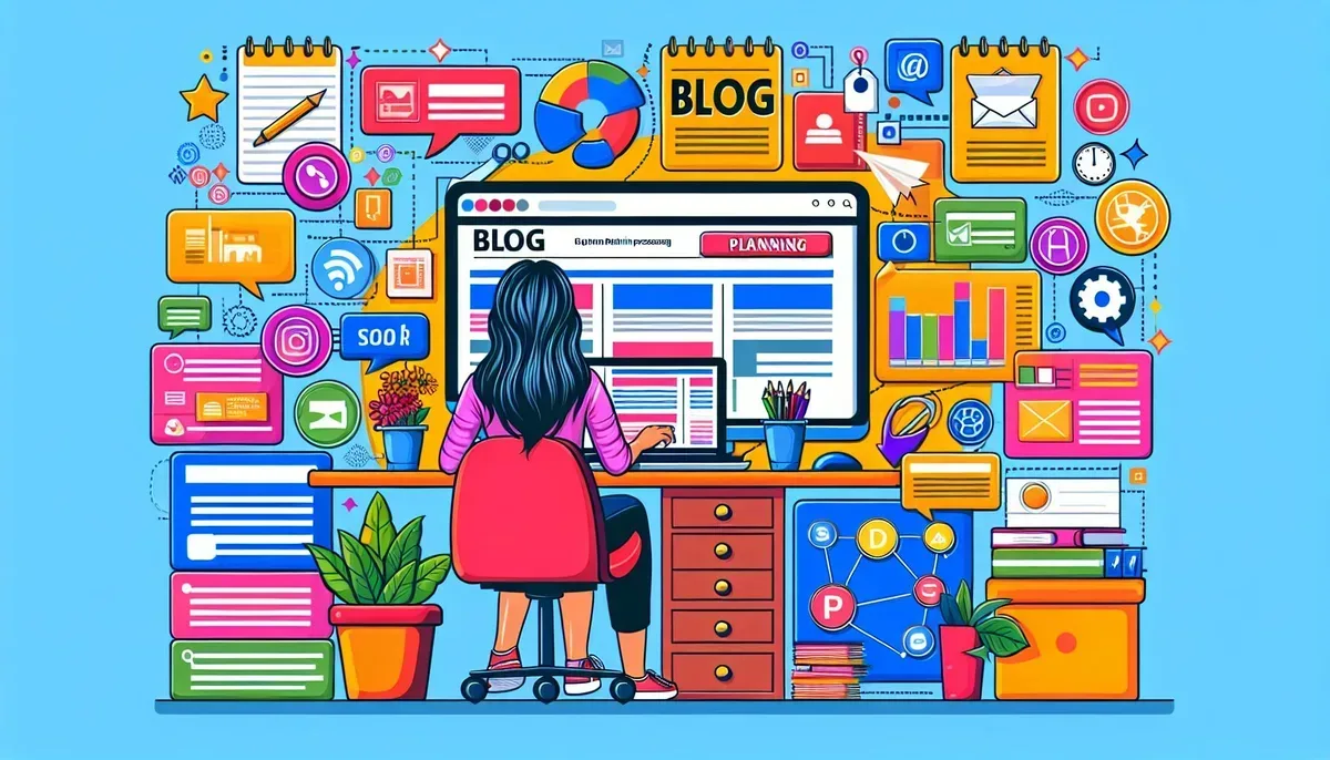 A vibrant workspace showing a digital marketer working on a laptop with the HubSpot blogging dashboard open, surrounded by notes and graphics illustrating content planning, SEO keywords, and social media icons.