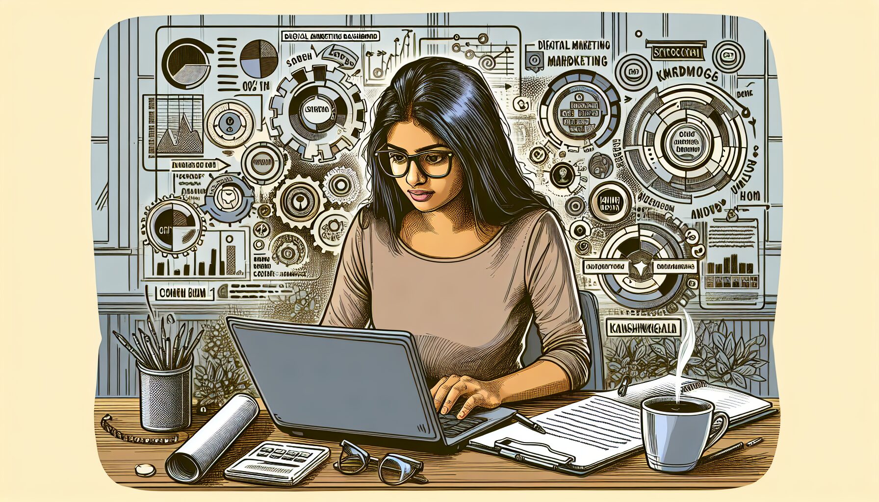 A modern office workspace showing a marketer analysing HubSpot’s dashboard on a laptop, surrounded by notes and coffee, illustrating the blend of technology and creativity in today’s digital marketing.