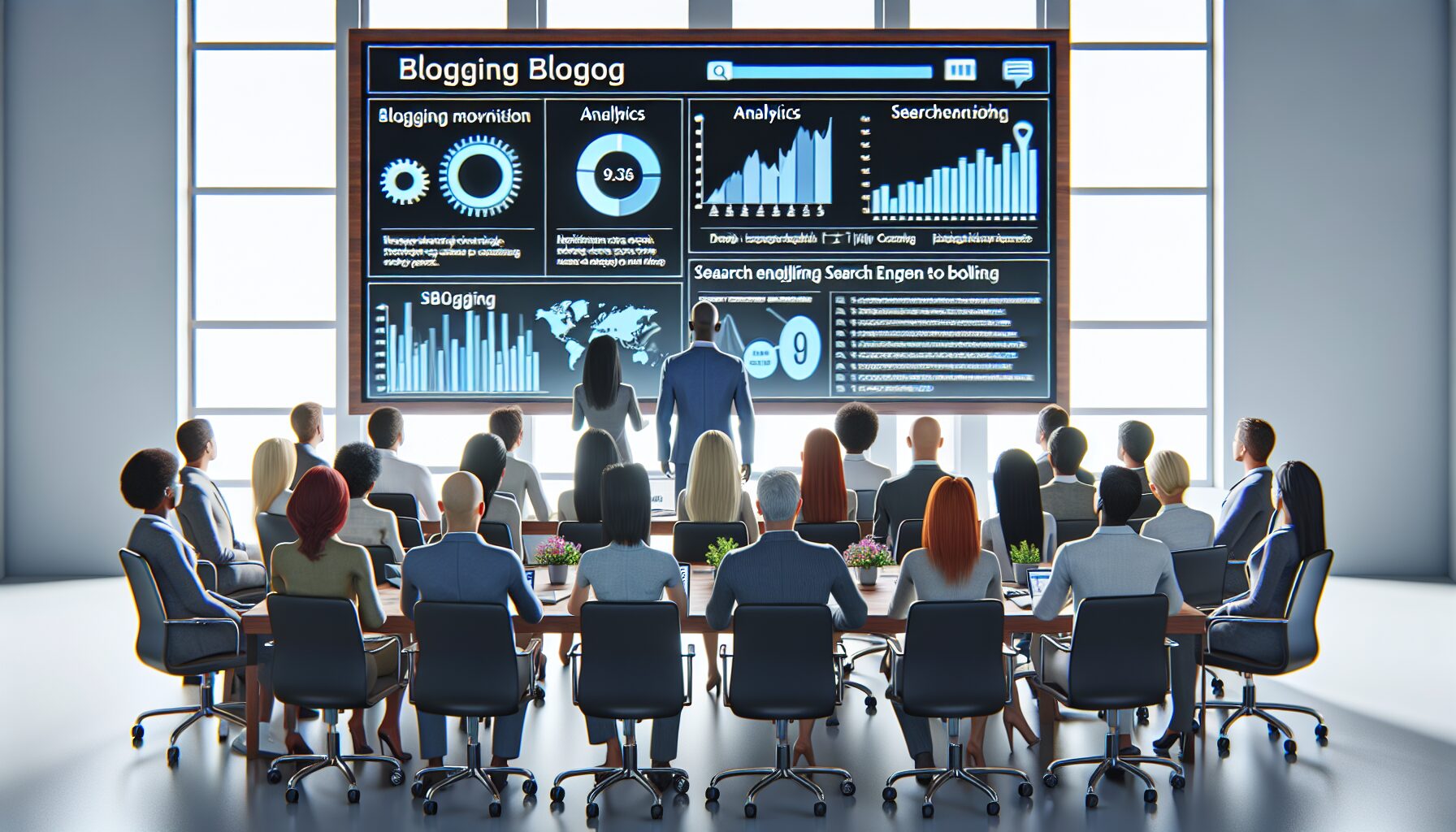 A modern office scene showing a marketing team gathered around a large screen displaying HubSpot's blogging dashboard with analytics charts and SEO recommendations visible.