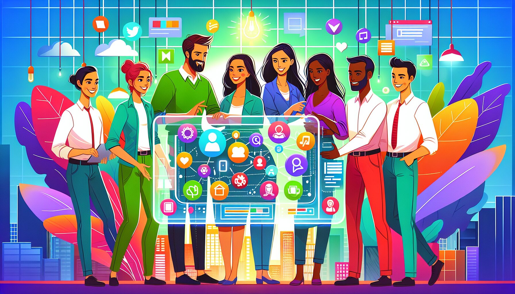 A vibrant office scene showing a diverse team collaborating around a large screen displaying the HubSpot Marketplace interface with various app icons visible, symbolising innovation and integration.