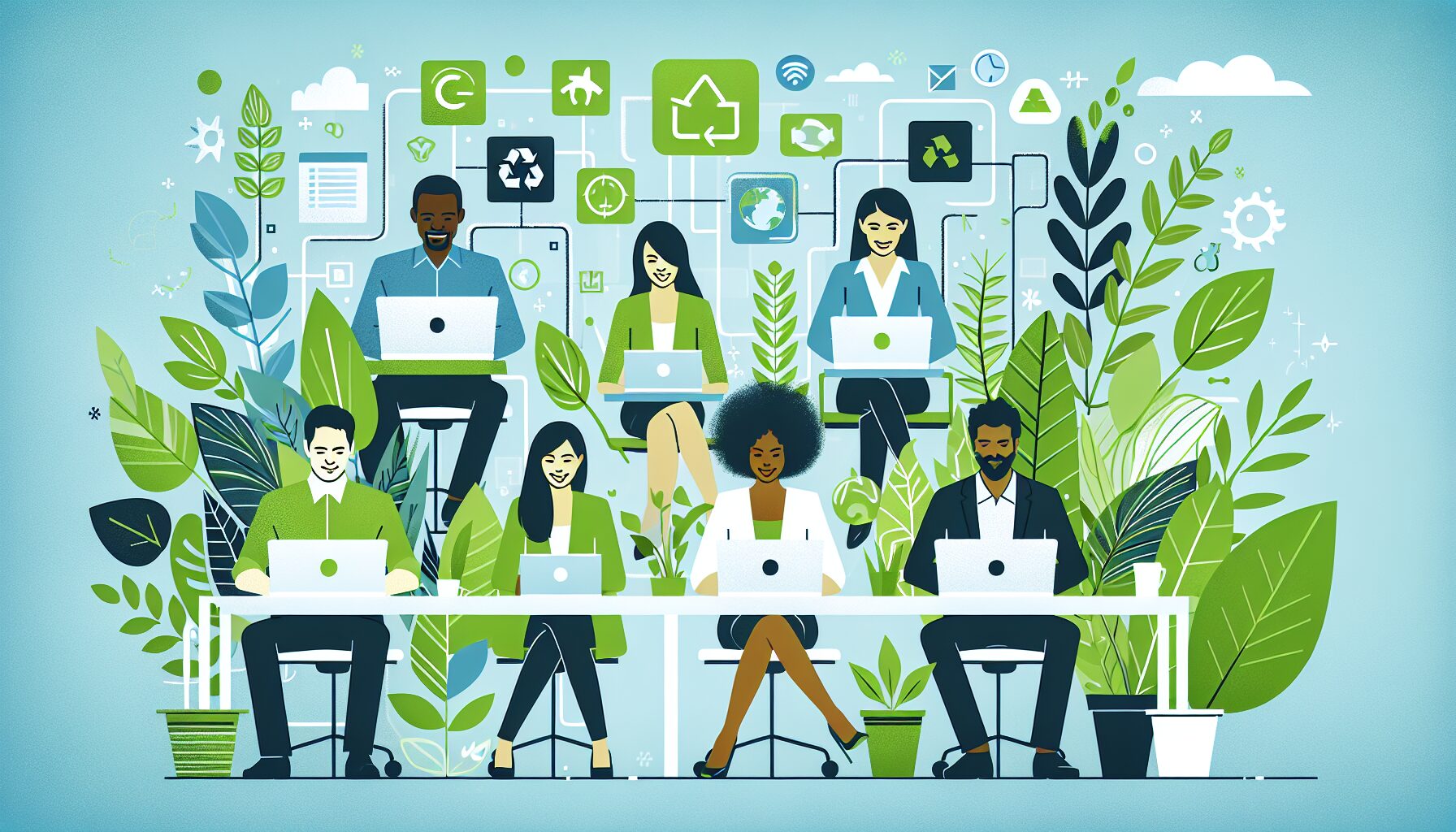 A vibrant office scene showing diverse professionals collaborating remotely on laptops and tablets surrounded by green plants; alongside an overlay graphic illustrating digital connections and eco-friendly icons like leaves and recycling symbols, symbolising sustainable technology in action.