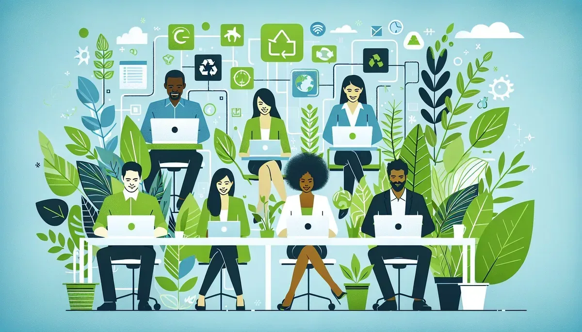 A vibrant office scene showing diverse professionals collaborating remotely on laptops and tablets surrounded by green plants; alongside an overlay graphic illustrating digital connections and eco-friendly icons like leaves and recycling symbols, symbolising sustainable technology in action.