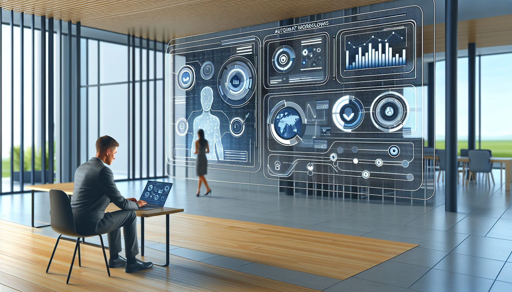 A modern digital marketing dashboard displaying HubSpot’s automated workflows alongside AI-powered analytics charts, with a marketer interacting on a laptop in a bright office environment.