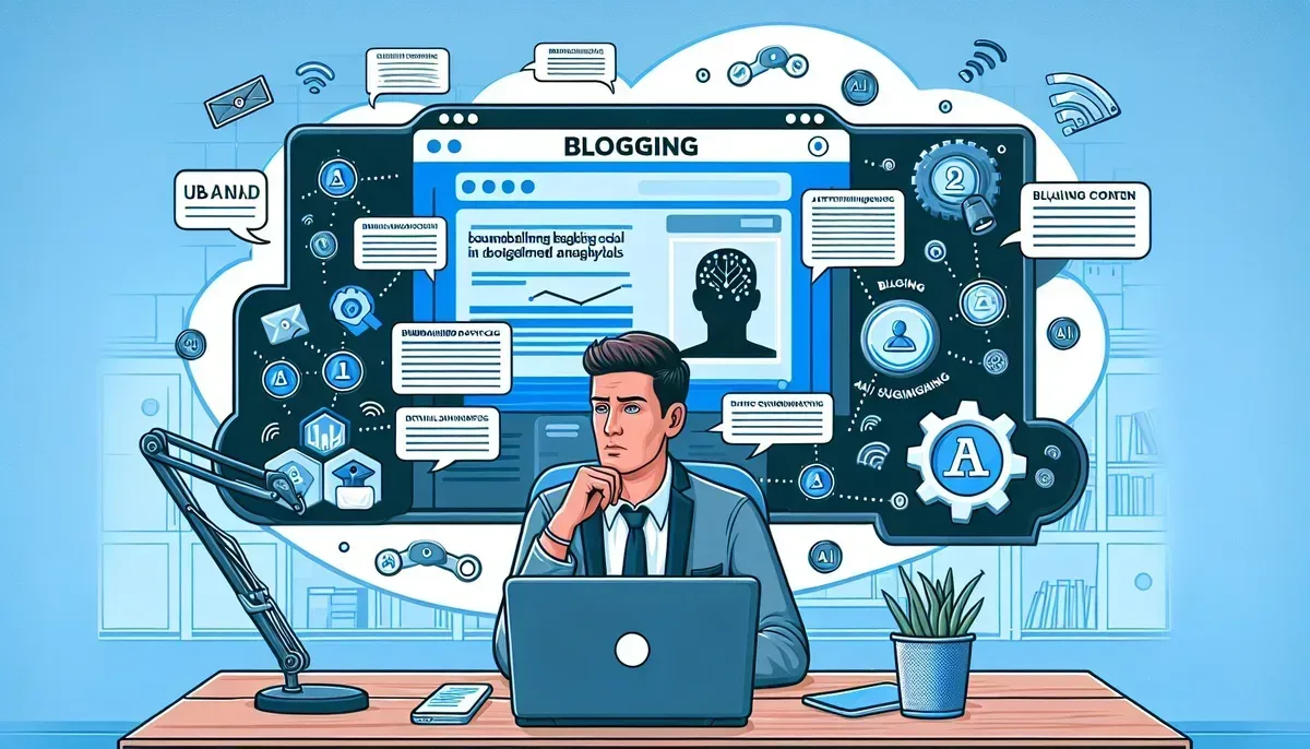A modern workspace with a laptop displaying the HubSpot blogging dashboard enhanced by AI analytics visuals; alongside a person brainstorming content ideas with digital notes floating around representing AI-generated suggestions.