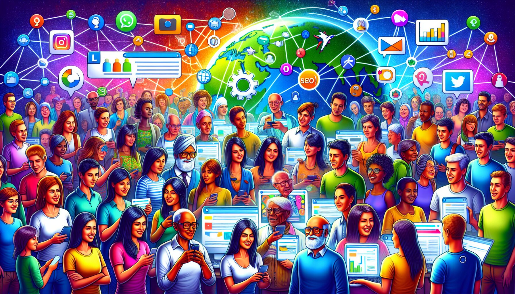 A vibrant digital community illustration showing diverse people connected through social media and content sharing platforms, with visual elements representing SEO such as keywords and analytics charts blending into the network.