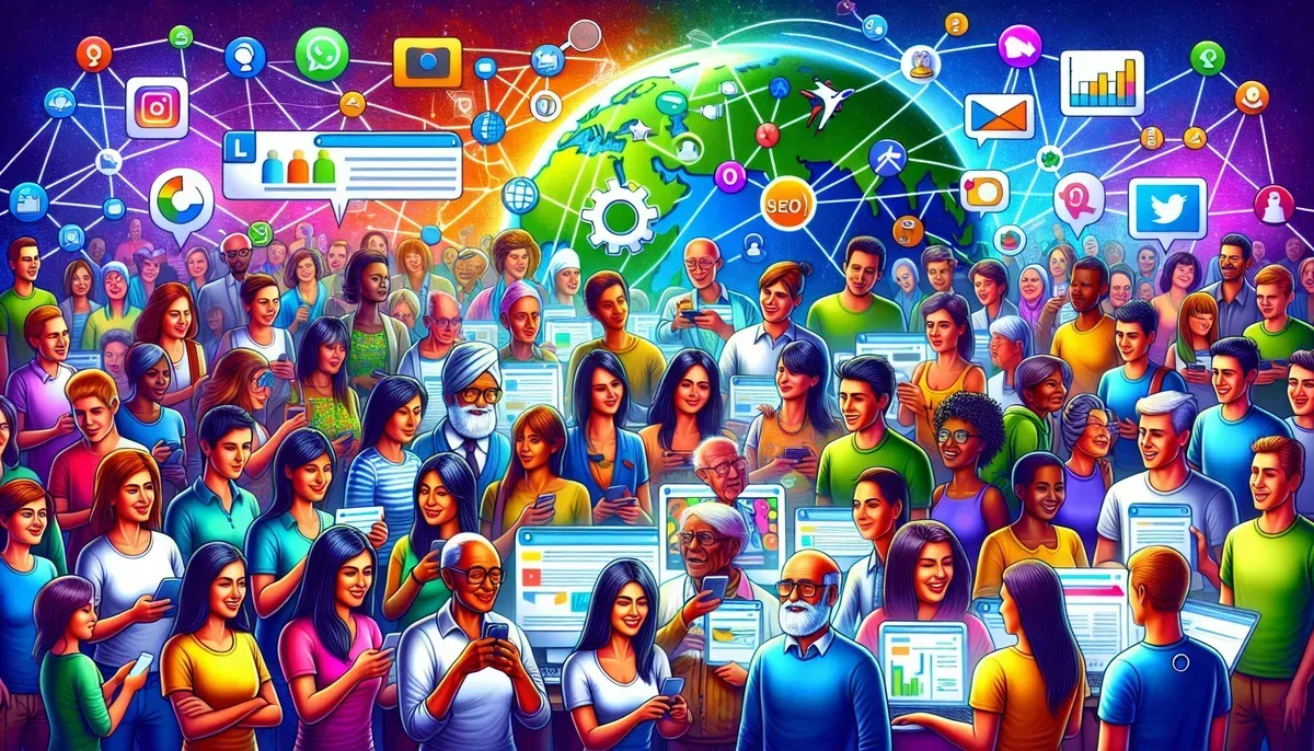 A vibrant digital community illustration showing diverse people connected through social media and content sharing platforms, with visual elements representing SEO such as keywords and analytics charts blending into the network.