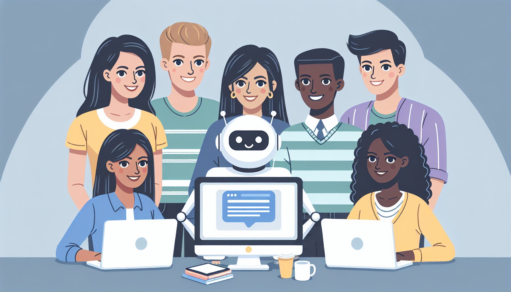 A diverse group of people gathered around laptops and tablets, collaboratively working on a WordPress website with an AI assistant interface visible on screen, symbolising accessibility and automation in web content creation.