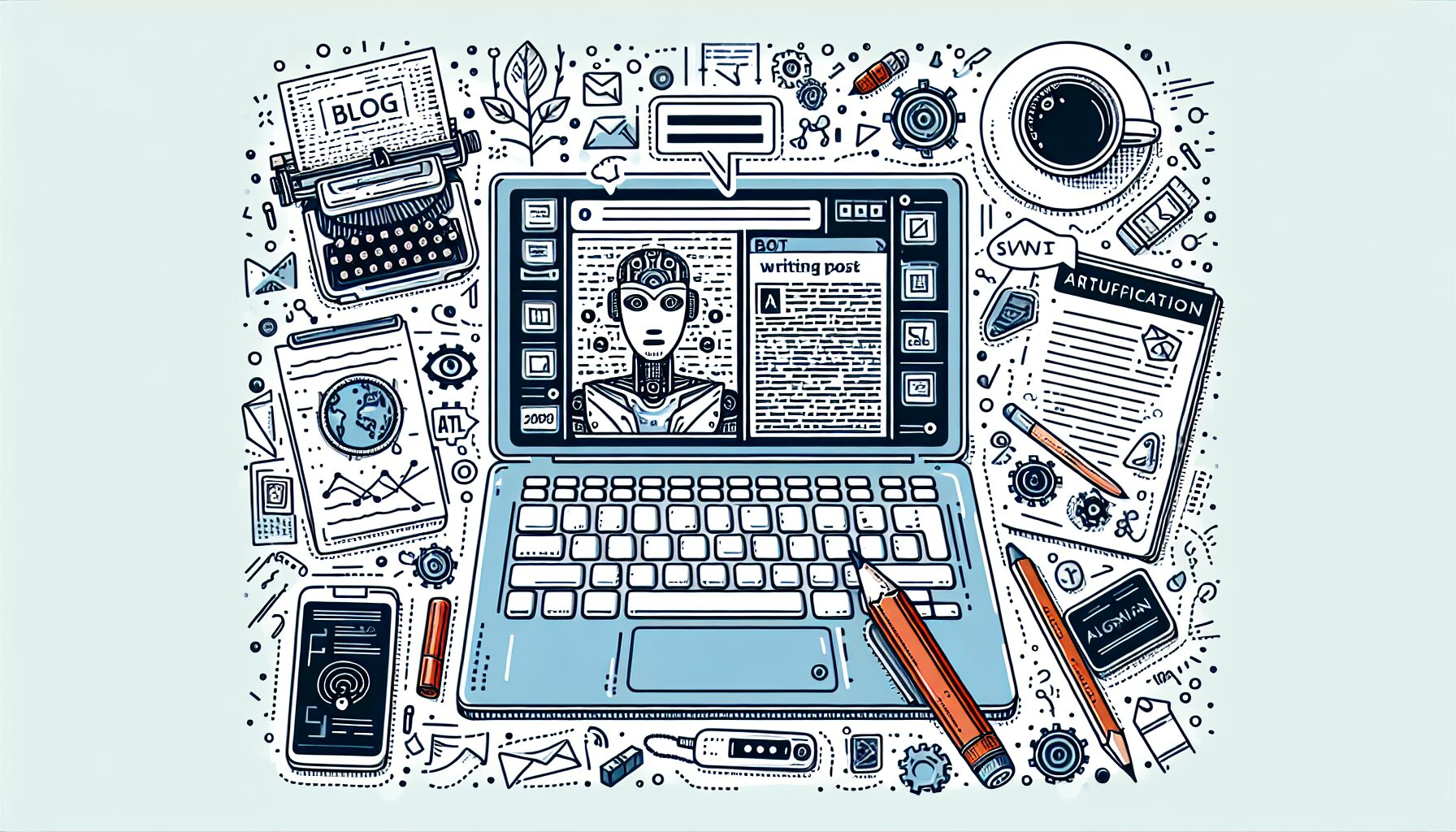 A modern digital workspace showing a laptop screen with an AI writing assistant interface generating a blog post, surrounded by notes and a cup of coffee, symbolising the collaboration between human creativity and artificial intelligence.
