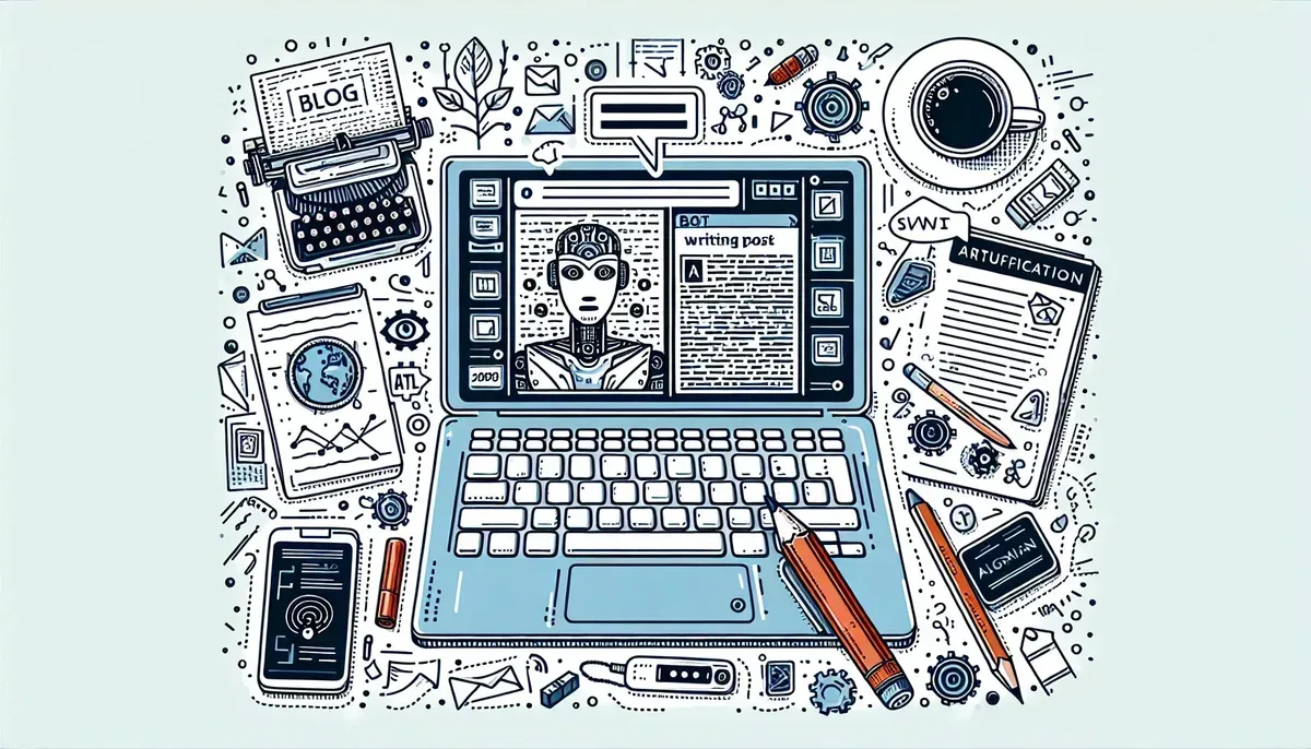 A modern digital workspace showing a laptop screen with an AI writing assistant interface generating a blog post, surrounded by notes and a cup of coffee, symbolising the collaboration between human creativity and artificial intelligence.