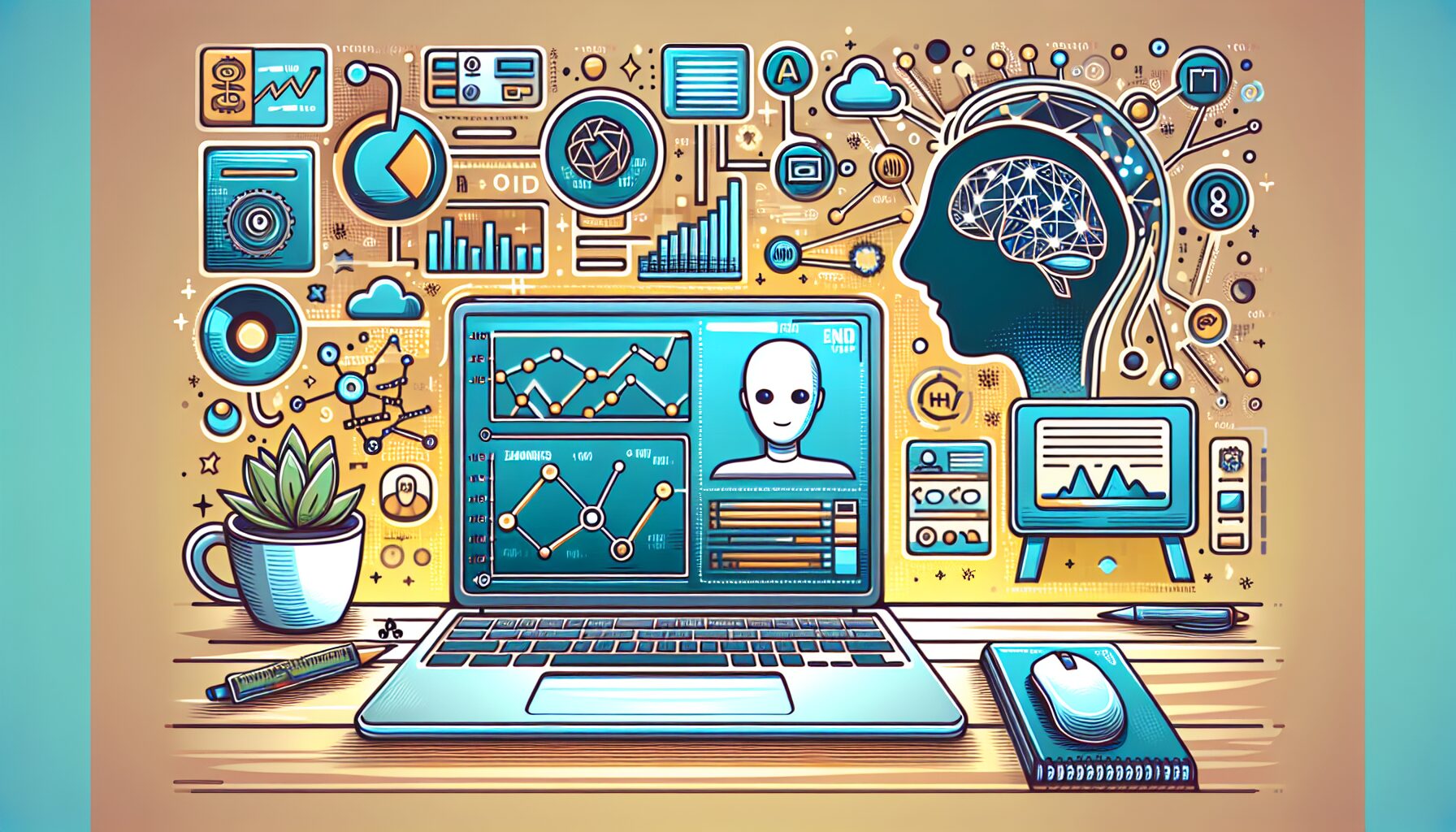 A modern workspace featuring a laptop displaying an article dashboard with Google AdSense earnings graphs, surrounded by AI-themed graphics such as neural network icons and digital code streams symbolising artificial intelligence powering content creation.