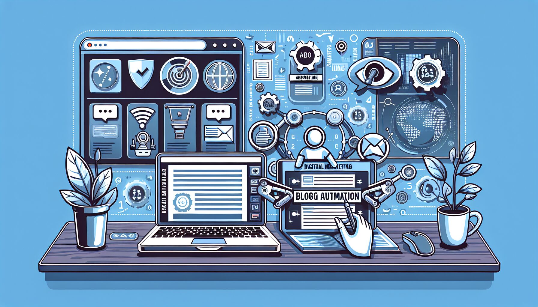 A sleek workspace showing a laptop screen with the HubSpot dashboard open alongside an Autoarticle.net interface generating blog content automatically; the background features digital marketing icons symbolising AI, automation, and global connectivity.