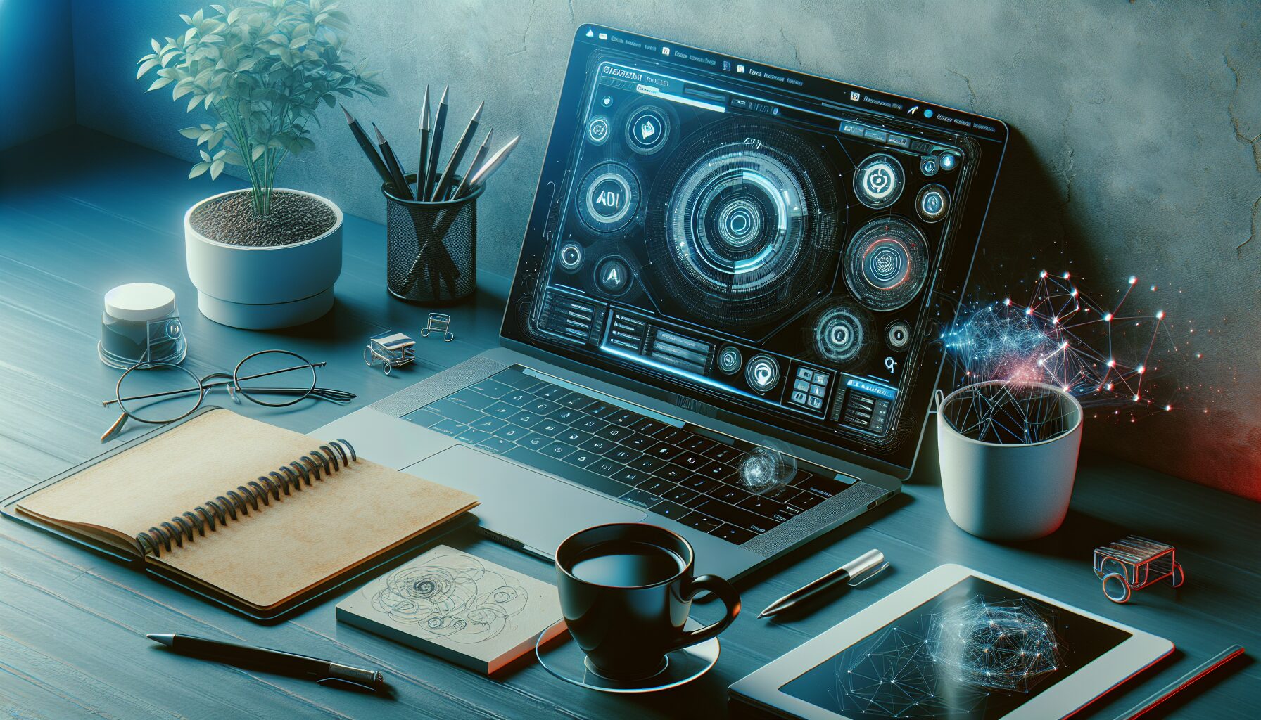A modern workspace featuring a laptop open to a WordPress dashboard with AI plugin widgets visible on screen; next to it sits a coffee cup and notepad with handwritten blog ideas, symbolising the blend of technology and creativity.