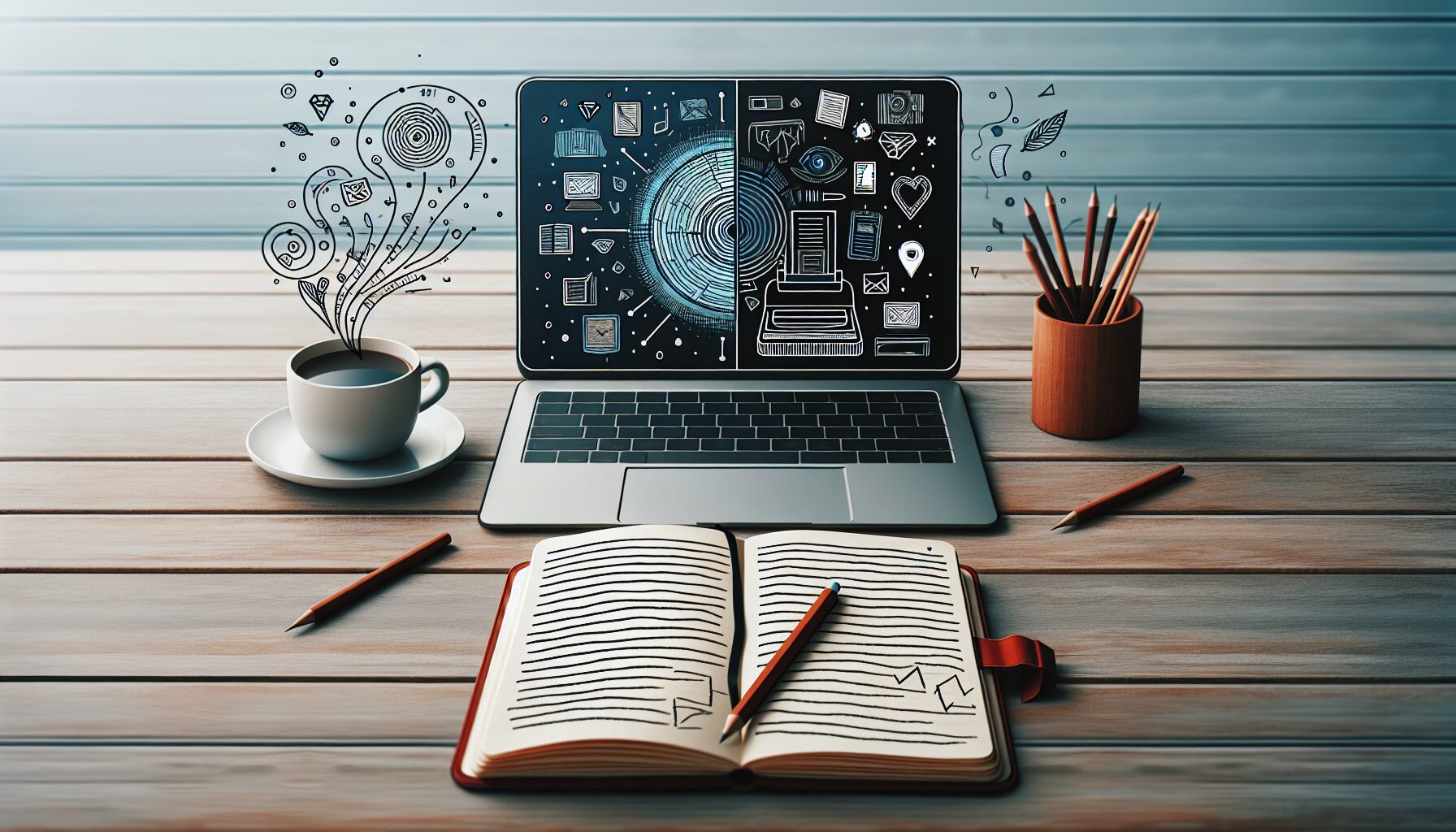 A modern workspace showing a laptop screen displaying a WordPress dashboard with an auto-generation plugin active; alongside a notebook with handwritten editorial notes and a cup of coffee, symbolising the blend of automation and human creativity in blogging.
