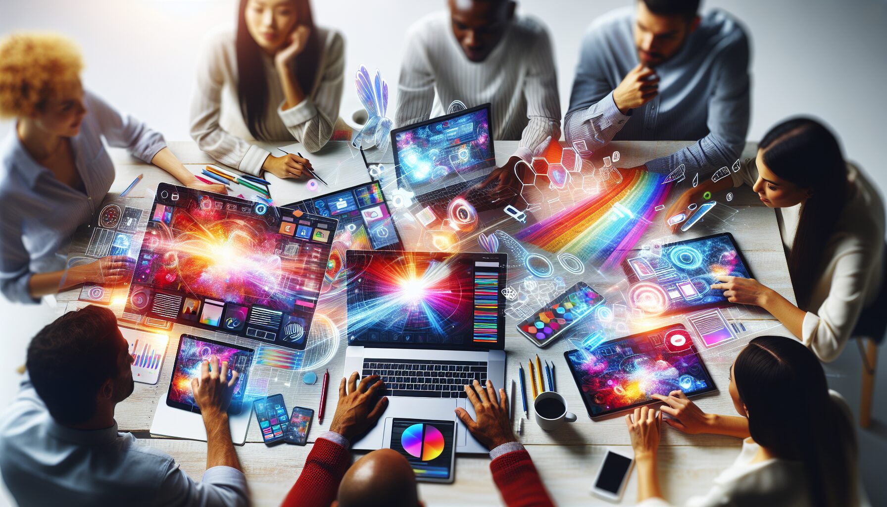 A vibrant workspace showing a diverse group of content creators collaborating around laptops and tablets displaying dynamic websites, illustrating the power and versatility of modern content platforms.