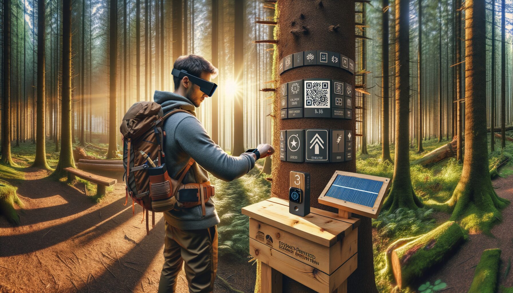 A panoramic photograph showing a dense pine forest at dawn, with sunlight filtering softly through the tall trees. In the foreground, a hiker wearing augmented reality glasses looks at their smartwatch while standing next to a discreet environmental sensor mounted on a tree trunk. Nearby, a solar-powered charging station is visible beside a wooden trail sign embedded with a QR code for an interactive map app.