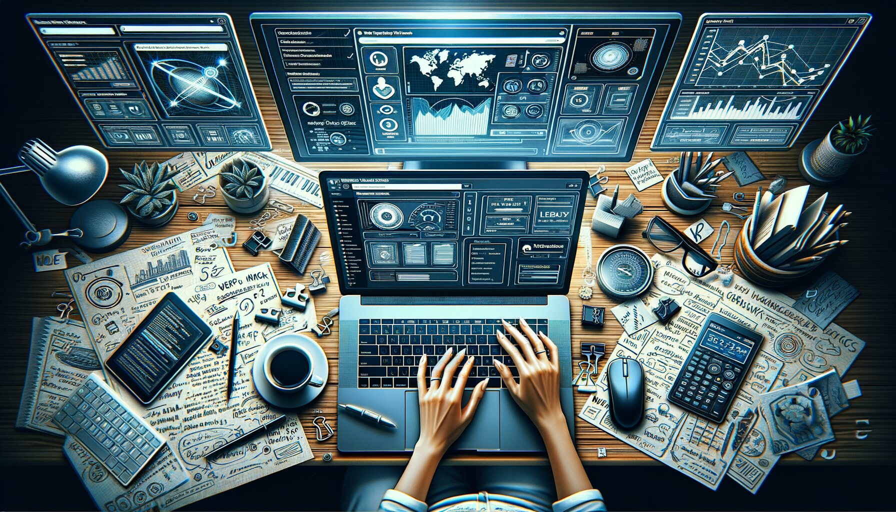 A modern workspace featuring a laptop displaying a WordPress dashboard alongside a HubSpot analytics panel on a second monitor, with a person typing on a keyboard surrounded by notes and a coffee cup—symbolising streamlined blog management through automation.