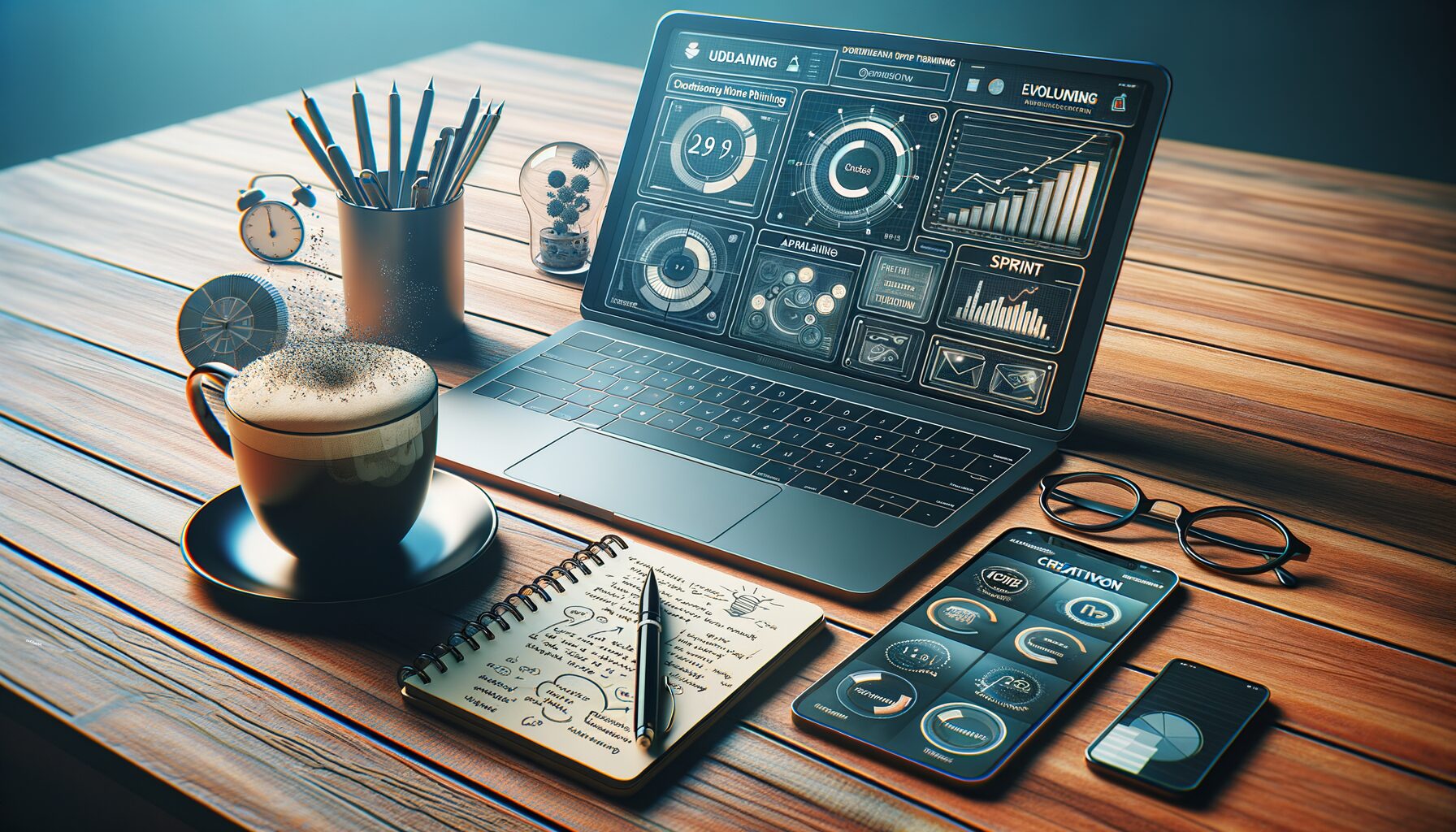 A modern workspace featuring a sleek laptop displaying the Autoarticle.net website interface on screen. Next to it is a cup of coffee, a notepad with handwritten ideas, and a smartphone showing analytics graphs, symbolising the fusion of technology and creative blogging.