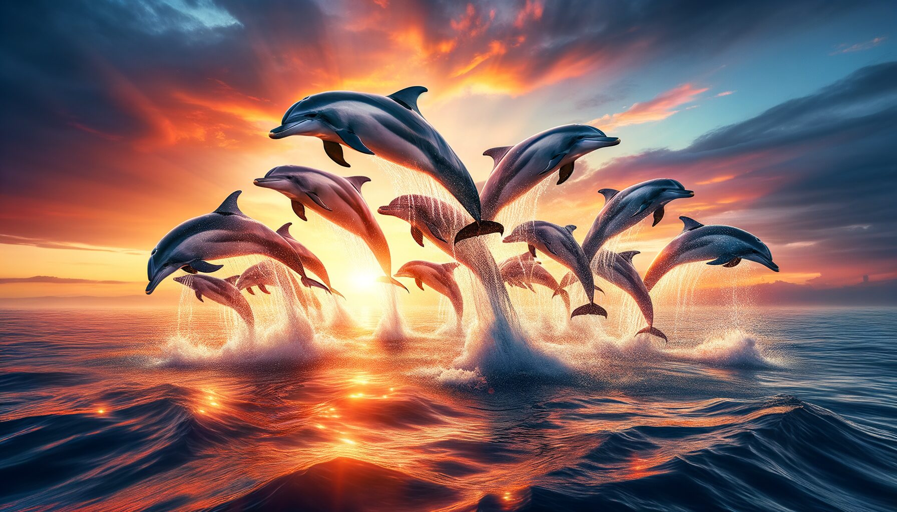A high-resolution photograph capturing a pod of bottlenose dolphins leaping gracefully above the shimmering ocean surface during golden hour, highlighting their sleek bodies and dynamic movement against a backdrop of a colourful sunset sky.