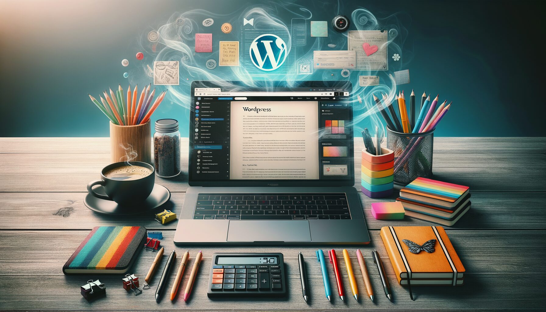 A photograph depicting a modern workspace featuring a laptop displaying a WordPress dashboard with a partially auto-generated blog post on screen. The desk is adorned with creative stationery items such as colourful pens and notebooks, alongside a cup of coffee, symbolising the blend of technology and human creativity.