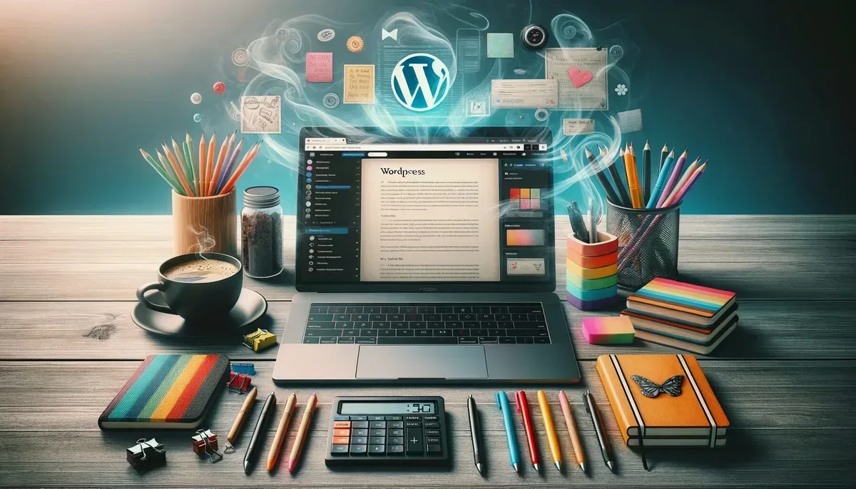 A photograph depicting a modern workspace featuring a laptop displaying a WordPress dashboard with a partially auto-generated blog post on screen. The desk is adorned with creative stationery items such as colourful pens and notebooks, alongside a cup of coffee, symbolising the blend of technology and human creativity.