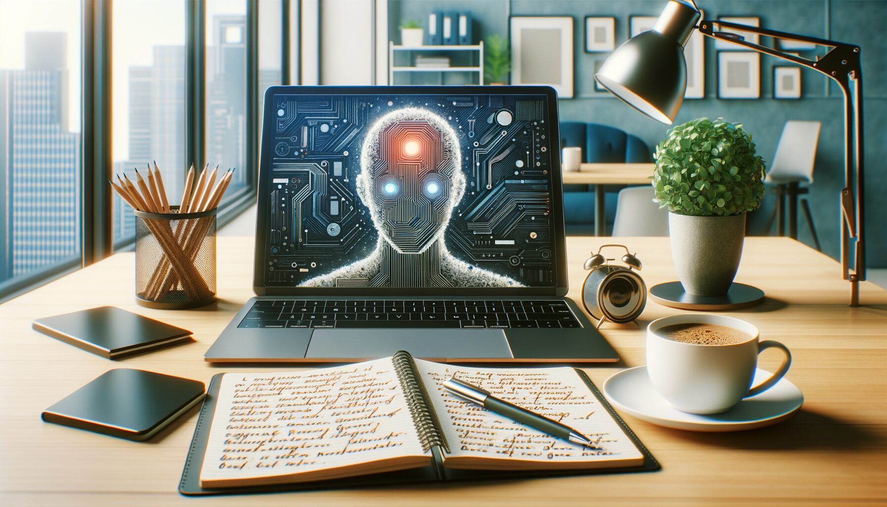 A modern workspace featuring a sleek laptop displaying an AI content writing interface on screen. The desk includes notes with brainstorming ideas and a cup of coffee, symbolising the blend of human creativity and AI assistance in the writing process.