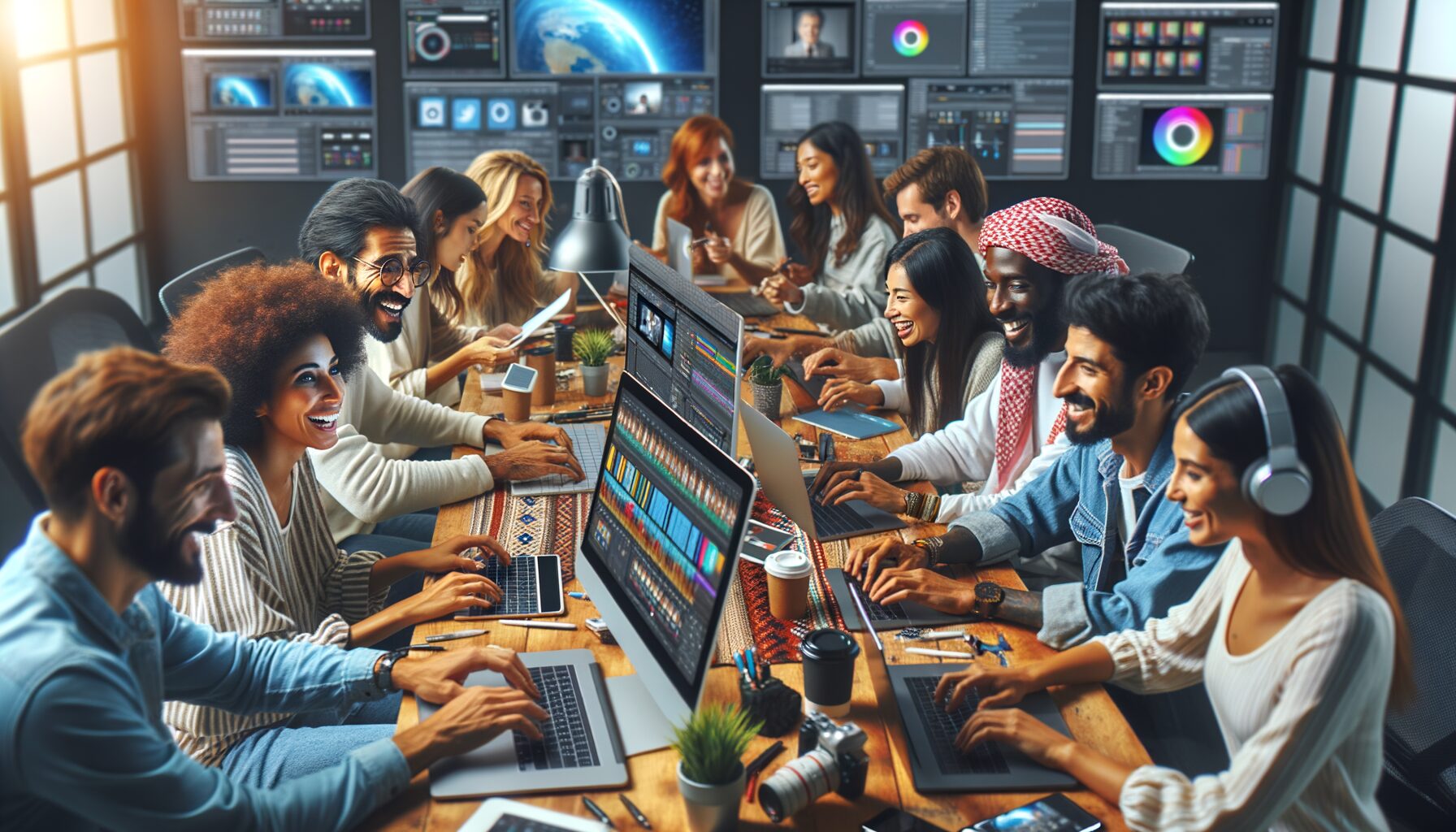 A vibrant photograph depicting a diverse group of content creators collaborating in a modern co-working space filled with multiple screens displaying video editing software, writing applications, and social media dashboards, illustrating the dynamic process of fast-paced content creation in the digital age.