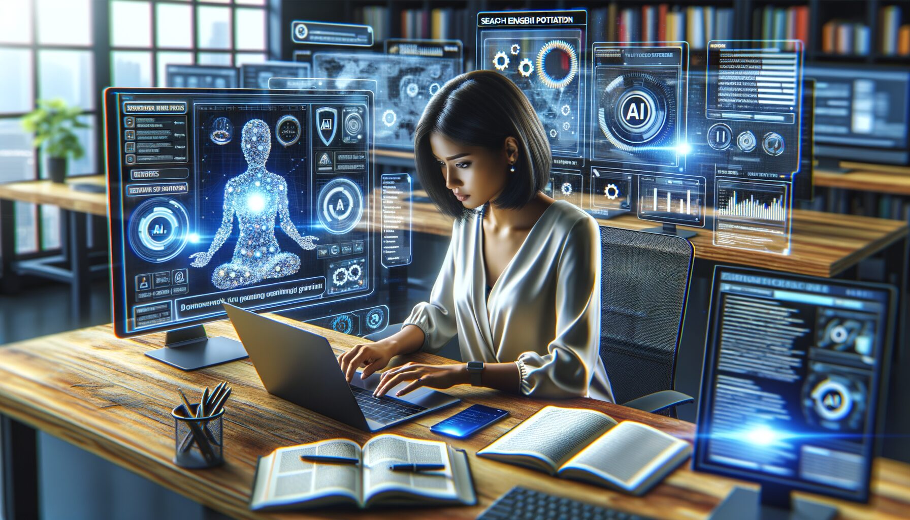 A vibrant office setting featuring a digital marketer working on a laptop displaying an AI-powered SEO dashboard; surrounding screens show keyword analytics and generated article drafts, highlighting the fusion of human creativity and artificial intelligence in everyday work.