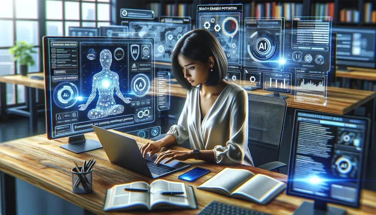 A vibrant office setting featuring a digital marketer working on a laptop displaying an AI-powered SEO dashboard; surrounding screens show keyword analytics and generated article drafts, highlighting the fusion of human creativity and artificial intelligence in everyday work.