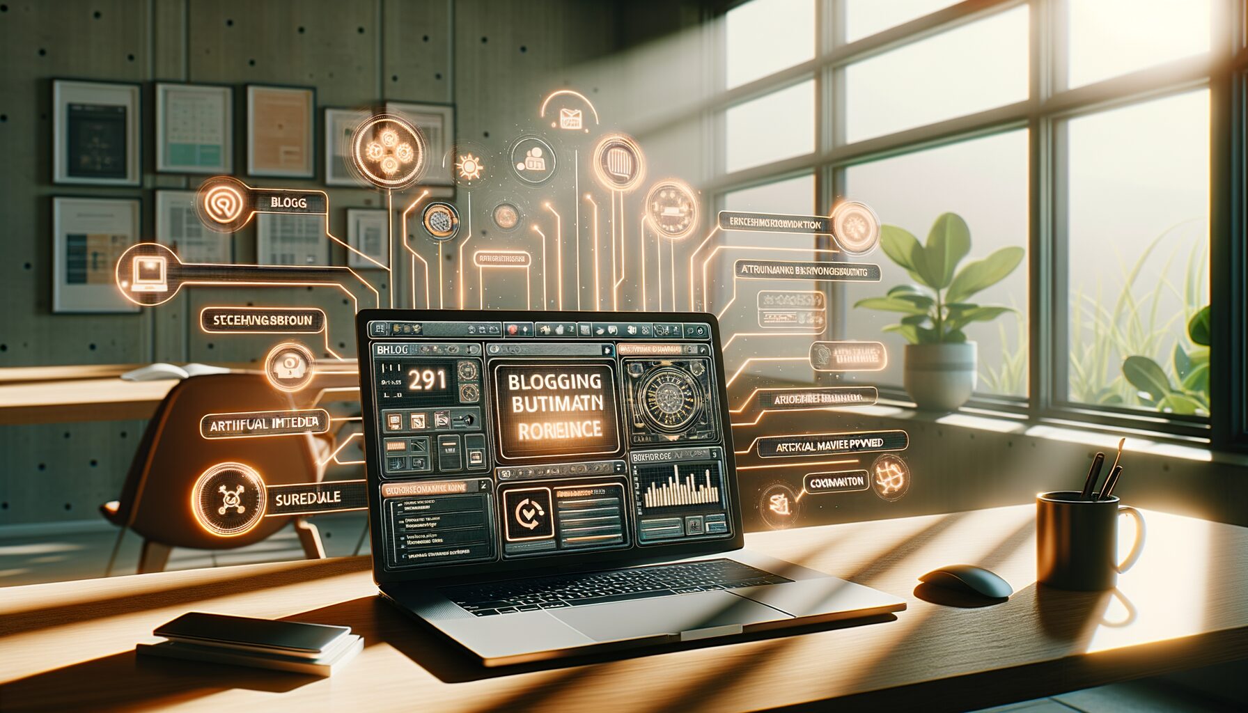 A modern workspace featuring a laptop displaying a blogging dashboard with various automation tools in action—such as scheduled posts, AI content suggestions, and social media integration panels—bathed in natural daylight from a nearby window.