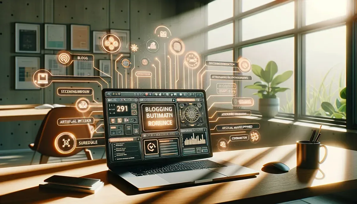 A modern workspace featuring a laptop displaying a blogging dashboard with various automation tools in action—such as scheduled posts, AI content suggestions, and social media integration panels—bathed in natural daylight from a nearby window.