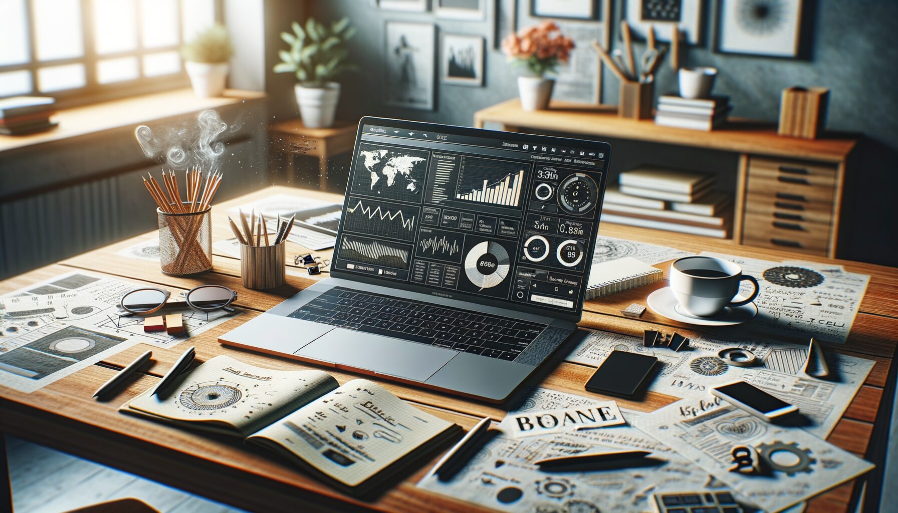 A photograph showing a modern home office setup with a laptop displaying a blog analytics dashboard, surrounded by notes and coffee cups, symbolising the process of planning and scaling a blog.