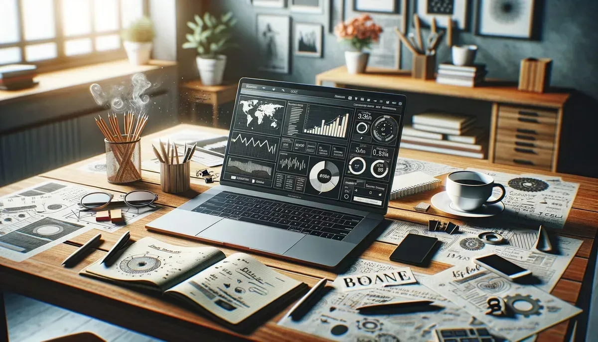 A photograph showing a modern home office setup with a laptop displaying a blog analytics dashboard, surrounded by notes and coffee cups, symbolising the process of planning and scaling a blog.