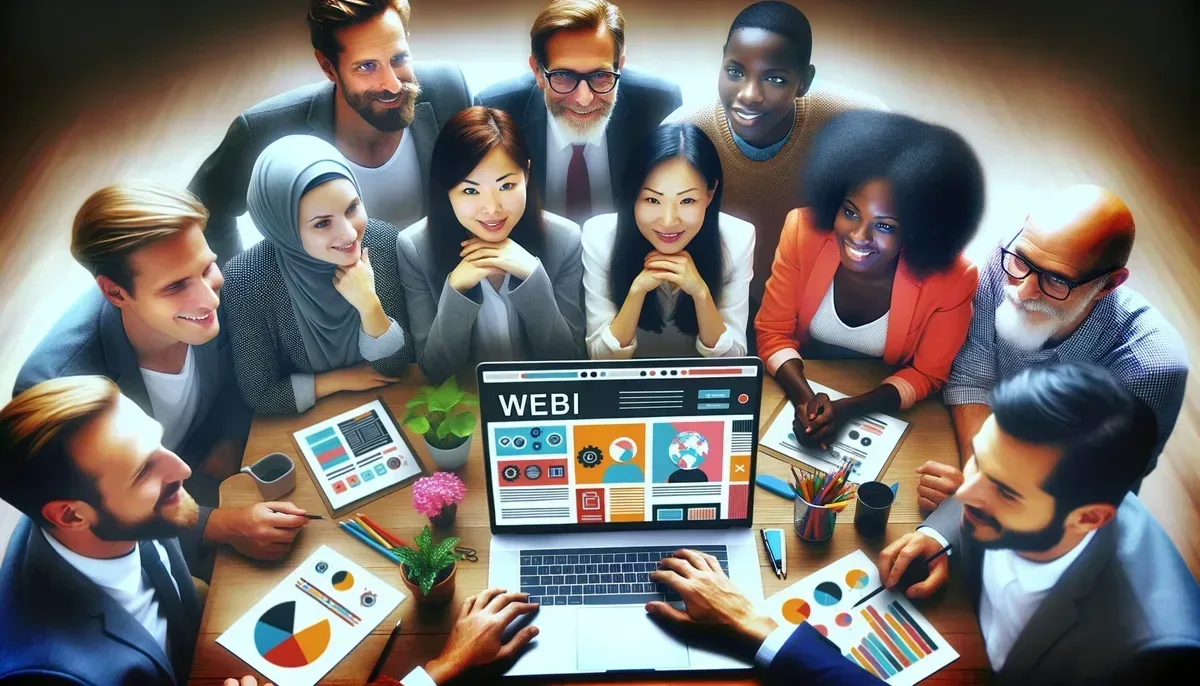 A vibrant photograph showing a diverse group of people gathered around a laptop, collaboratively updating website content. The screen displays a colourful webpage with clear headings and images, illustrating both creativity and accessibility in web design.