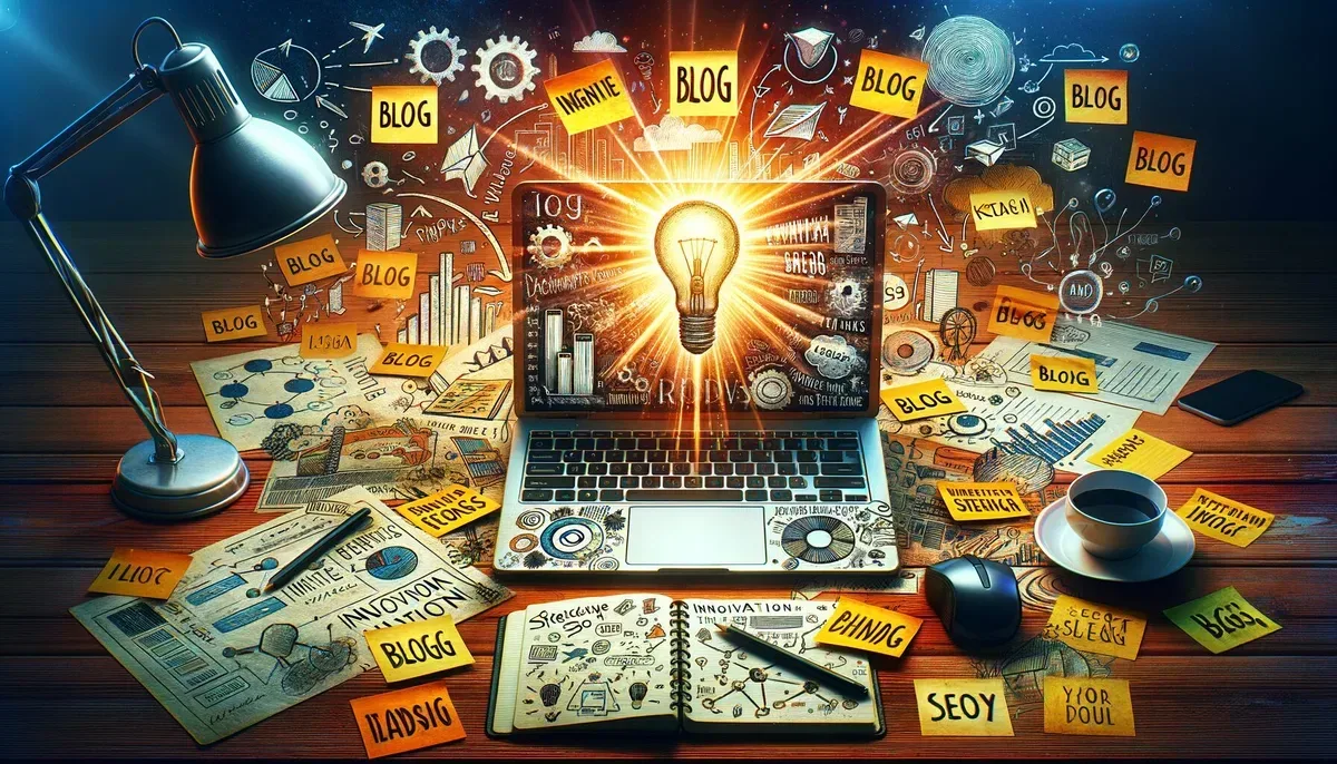 A bright workspace featuring a laptop displaying a blog post dashboard, surrounded by notes with keywords and sketches representing ideas for content creation, symbolising the dynamic process of crafting SEO-optimised blogs that inspire positive change.