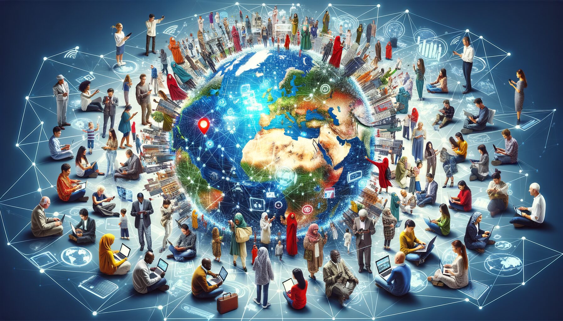 A vibrant photograph showing a diverse group of people around the world interacting with digital devices such as smartphones, tablets, and laptops. The image illustrates the global reach of website traffic with translucent digital connection lines linking various cities across continents, symbolising the worldwide flow of online visitors turning into customers.
