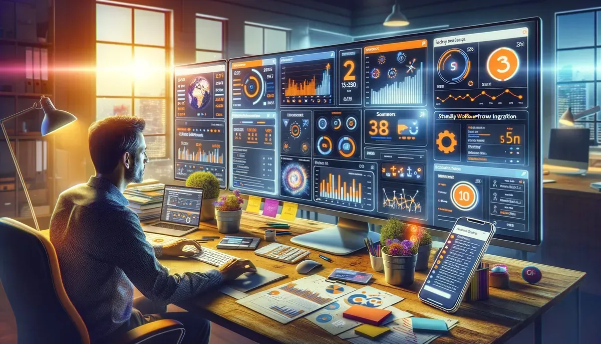 A bright office workspace showing a marketer analysing HubSpot dashboards on a large monitor, surrounded by notes and a smartphone displaying automated email campaign stats, illustrating the seamless integration and convenience HubSpot provides.